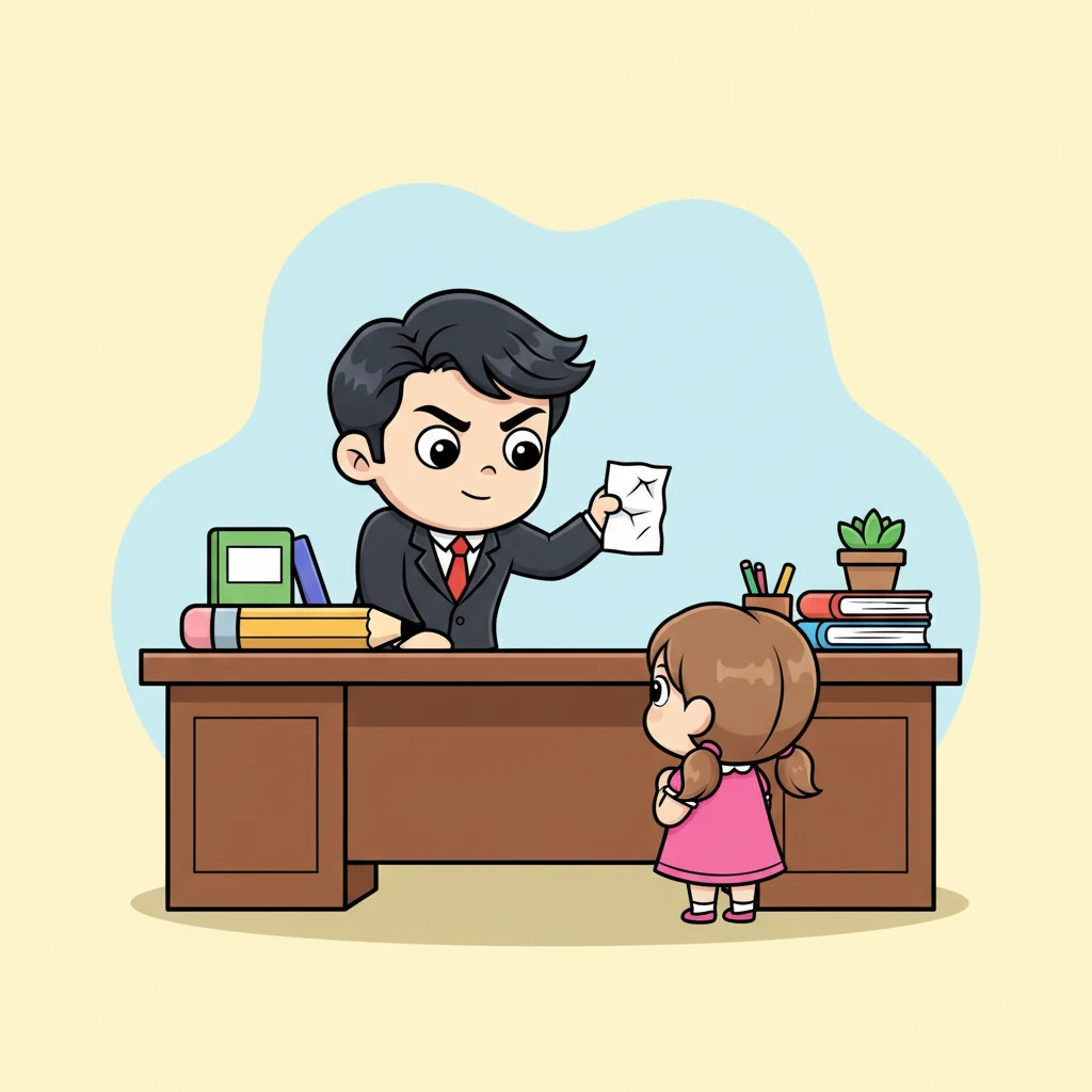 Mia stands before Jungkook's imposing desk, a sheepish pout on her face as he leans forward, his gaze intense but with a hint of underlying affection. He holds up a small, crumpled piece of paper – her latest 'misbehavior report' – while she tries to look innocently bewildered. The scene crackles with their unique, playful tension.