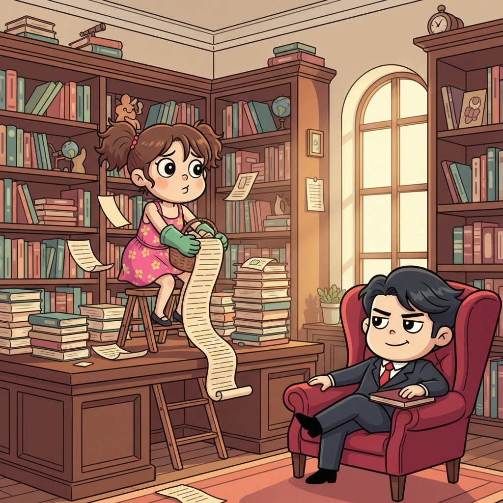 Now, Mia is in Jungkook's private study, surrounded by towering bookshelves, painstakingly organizing documents with a comically exaggerated sigh. Jungkook watches from a plush armchair, a slight smirk on his face as she grumbles good-naturedly. The 'punishment' is clearly more about teaching responsibility than actual suffering.
