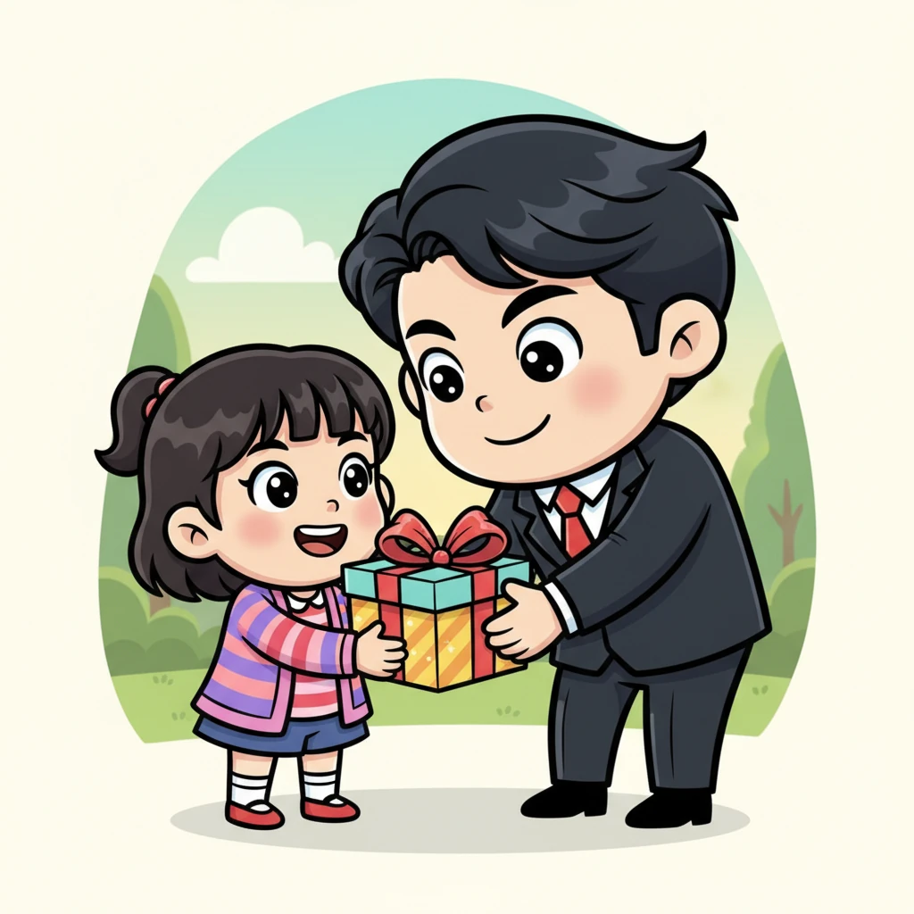 After her task, Jungkook gently places a beautifully wrapped gift box into Mia's hands, his stern expression replaced by a soft, indulgent smile. Mia's eyes widen with delight, all previous grumbling forgotten as she eagerly accepts the treat. This moment perfectly captures his dual nature: strict yet utterly devoted.