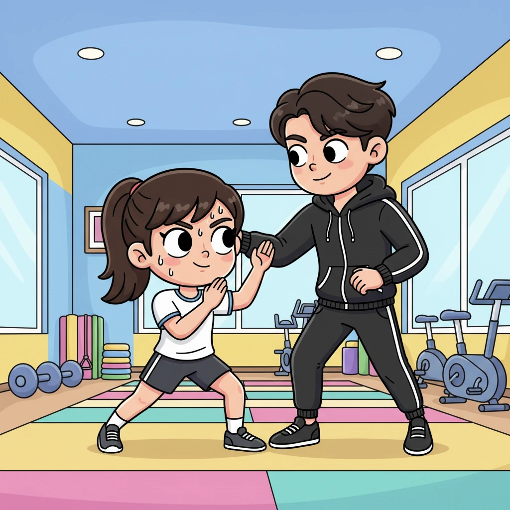 In a state-of-the-art gym, Mia is dynamically practicing a self-defense move, her form surprisingly good, while Jungkook, in stylish workout gear, guides her with focused intensity. Sweat glistens on her brow, and his encouraging gaze shows his pride in her progress. Their synchronized movements highlight their unique bond and shared activity.