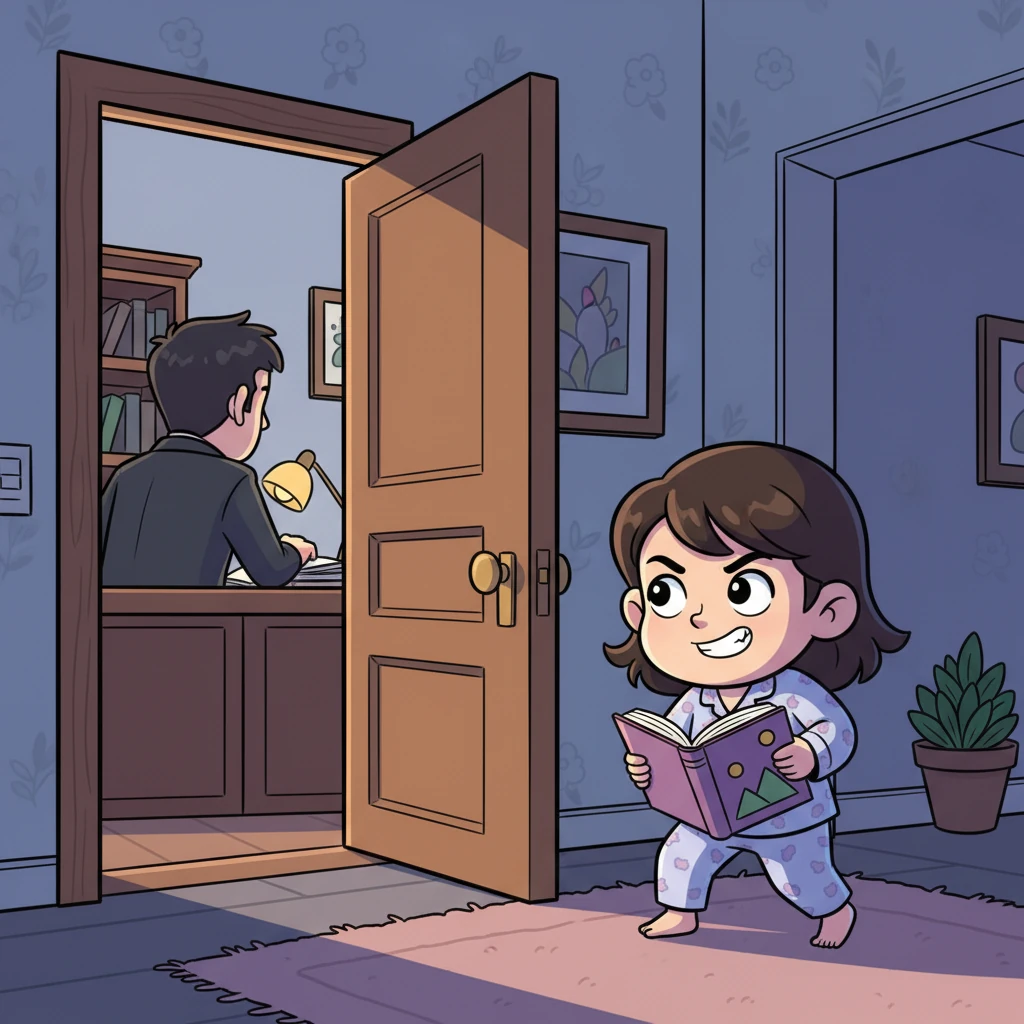 Later, Mia attempts to sneak away from her evening study session, tiptoeing past the open door of Jungkook's study, a book still clutched in her hand. Her eyes dart nervously, hoping to escape unnoticed for some playtime. Her mischievous expression is a clear indicator of her playful defiance.