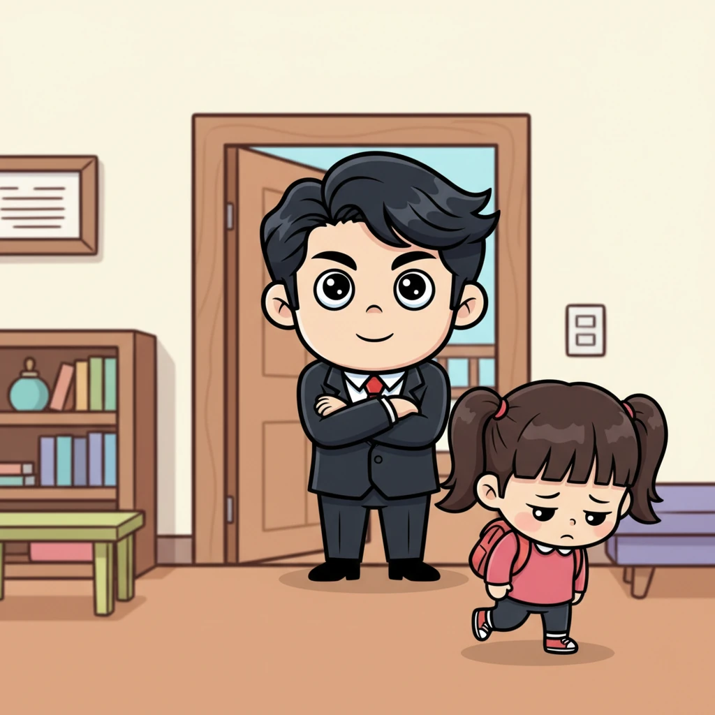 Just as Mia thinks she's made her escape, Jungkook appears silently in the doorway, his arms crossed, a single raised eyebrow and a knowing look on his face. Mia freezes mid-step, her shoulders slumping in cartoonish defeat. No words are needed; his expression is enough to convey his gentle disapproval.