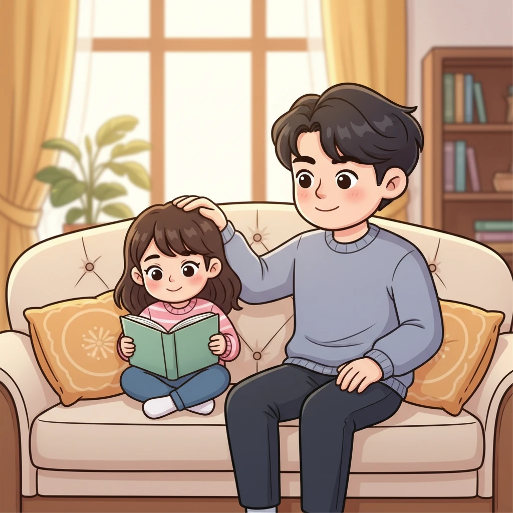 Finally, Mia is curled up comfortably on a luxurious sofa, a book open on her lap, while Jungkook sits beside her, a soft smile gracing his lips as he gently strokes her hair. She looks content and obedient, having learned her lesson for the moment. The room is bathed in warm, soft light, highlighting their peaceful, affectionate connection.
