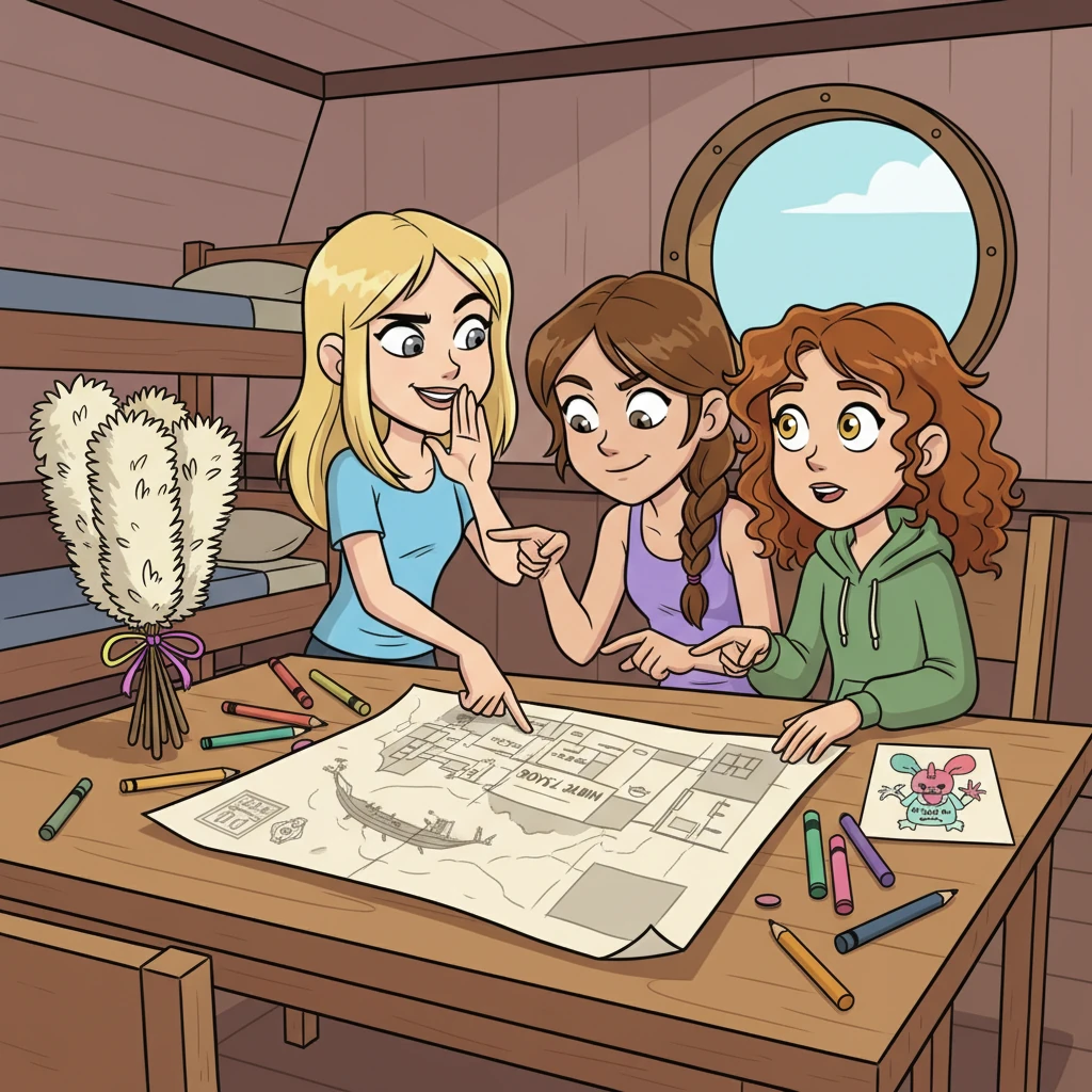 The three girls lean over a crumpled map of the Argo II, pointing at the boys' cabin with exaggerated secrecy. Annabeth, usually serious, has a playful smirk, while Hazel looks a mix of excited and slightly nervous. They're surrounded by colorful drawing supplies and a stack of feather dusters, ready for their grand scheme.