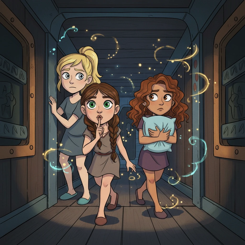 With stealthy tiptoes and wide, gleaming eyes, the girls creep down the Argo II's dimly lit corridor. Piper leads the way, holding a finger to her lips, while Annabeth peeks around a corner and Hazel clutches a pillow, ready for action. Magical glowing dust motes float playfully in the air around them.
