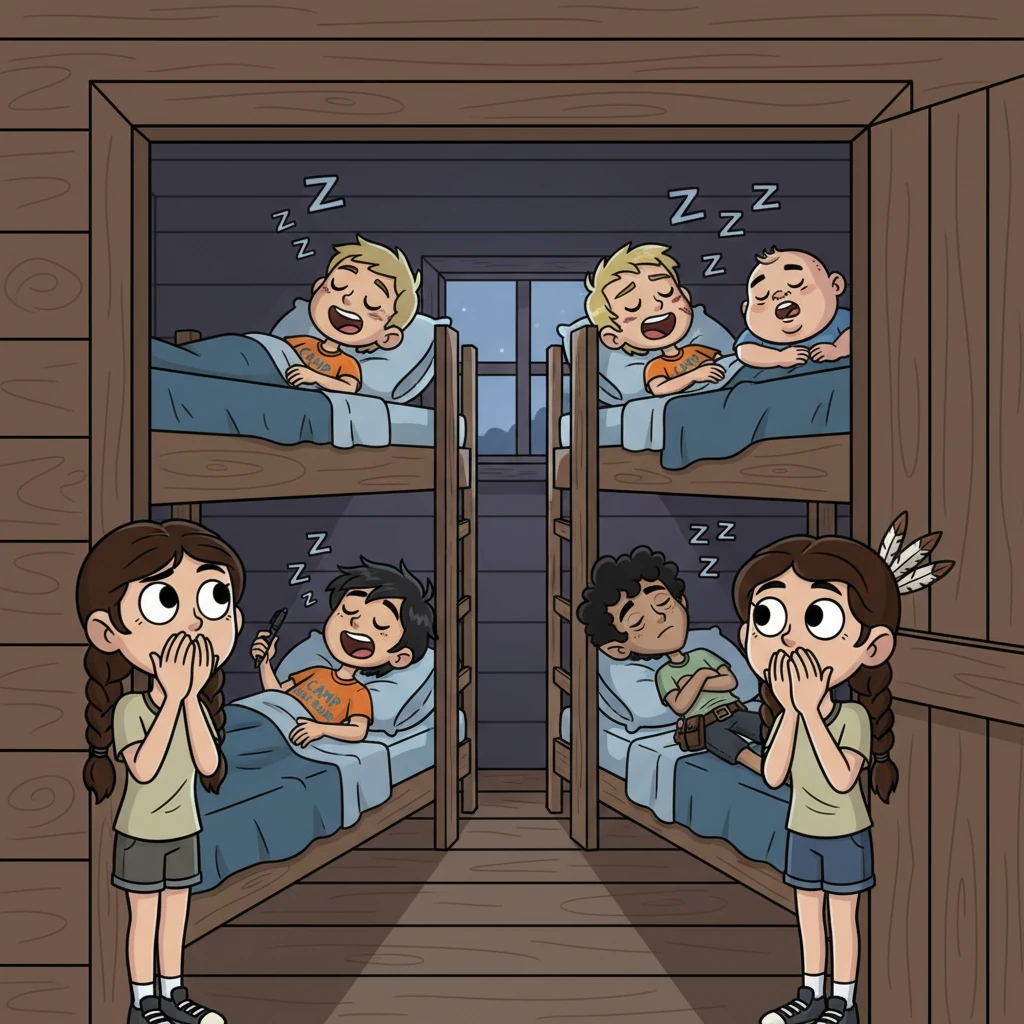Peeking through the slightly ajar door of the boys' cabin, the girls gasp (silently, of course!). Percy, Jason, Leo, and Frank are sprawled across their bunks, sound asleep, each emitting a unique, booming snore. Exaggerated Zzzzs float above their heads like cartoon thought bubbles.