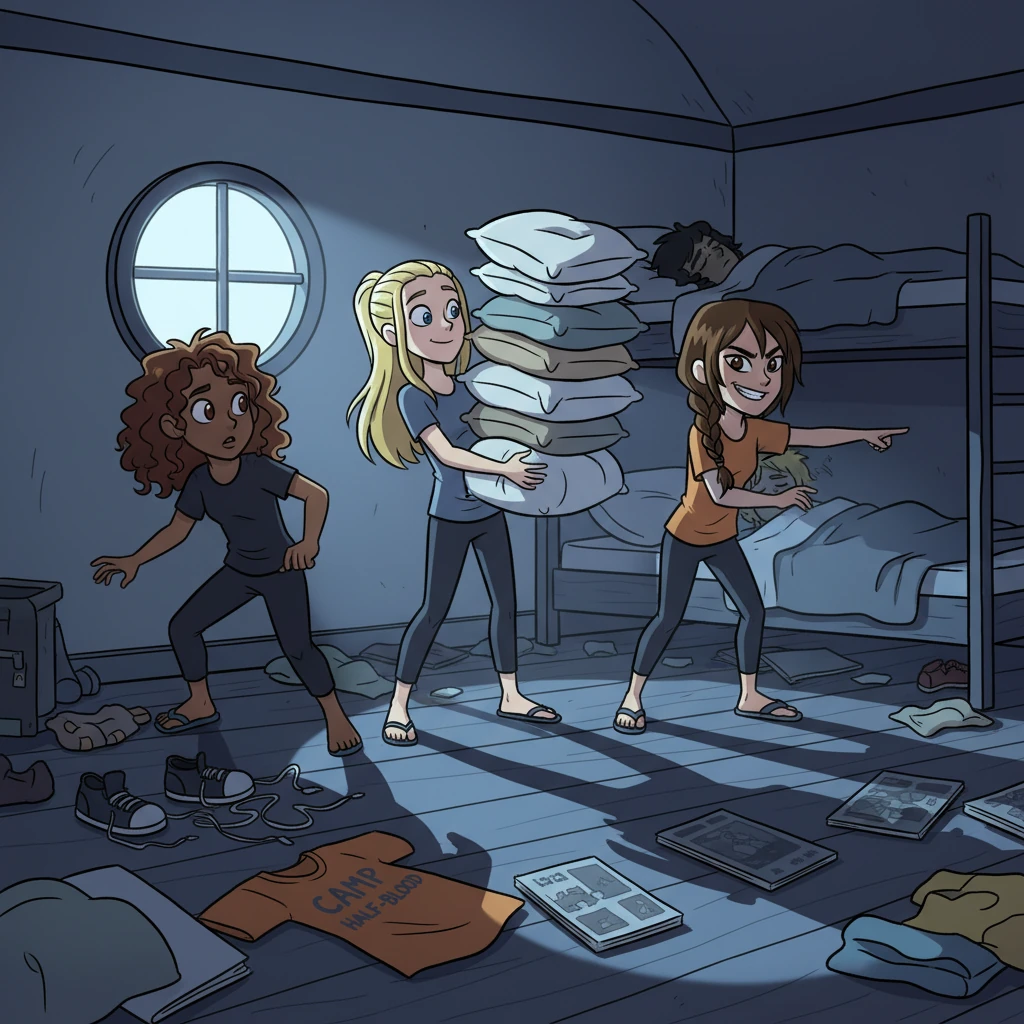 The girls carefully slip into the boys' cabin, moving like ninjas on a mission. Hazel gingerly steps over a discarded shoe, Annabeth balances a stack of pillows, and Piper points towards their sleeping targets with a wicked grin. The moonlight streams in through a porthole, casting long, playful shadows.