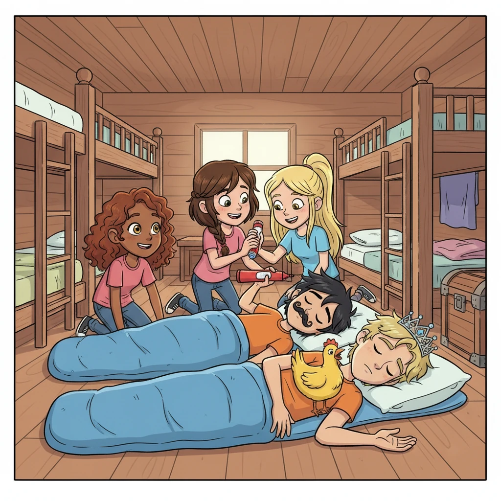 With gleeful expressions, the girls get to work. Piper carefully draws a funny mustache on Percy's face with a washable marker, while Annabeth places a tiny, sparkly tiara on Jason's head. Hazel giggles silently as she balances a rubber chicken on Frank's chest, who snores on blissfully.
