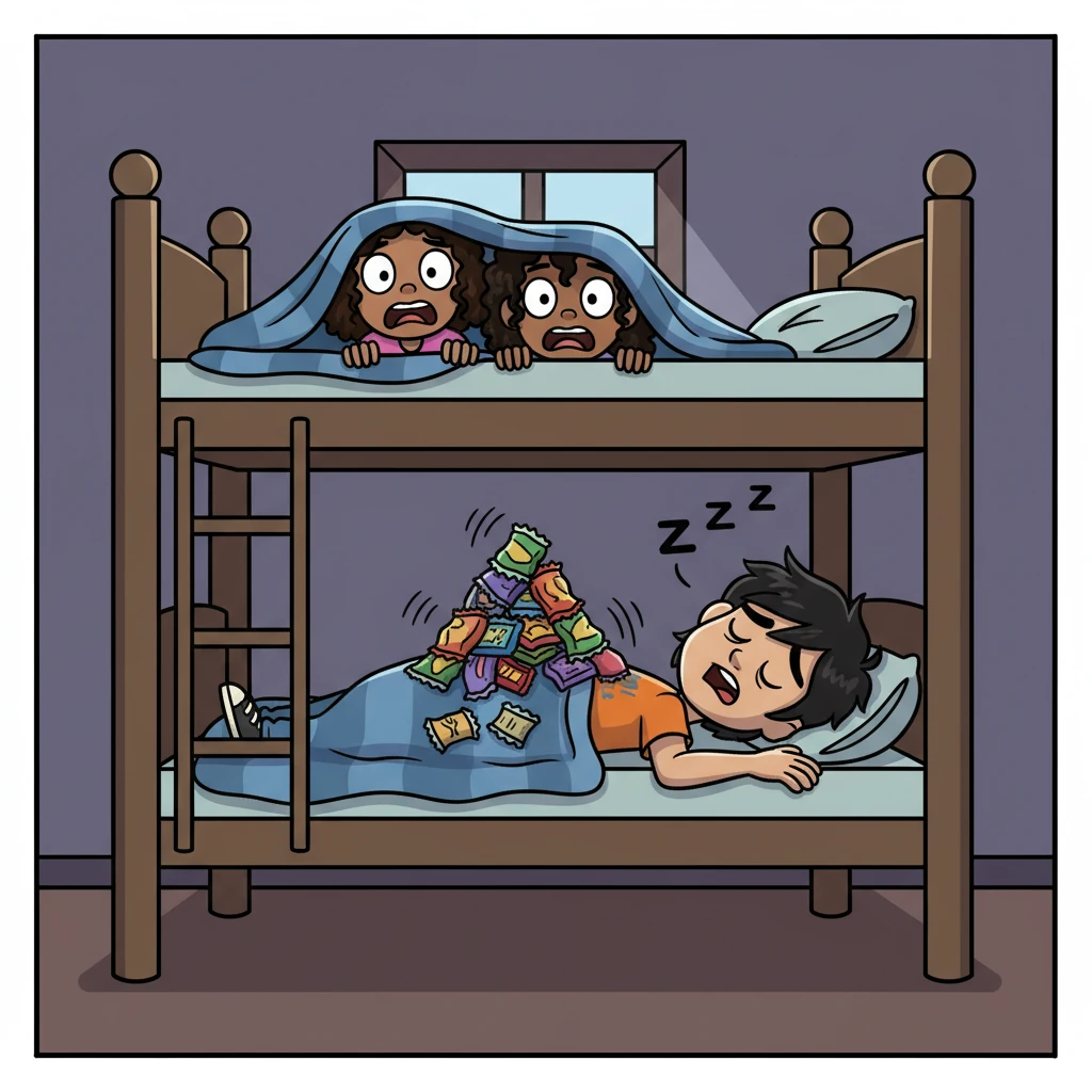 Suddenly, Leo stirs, letting out a loud groan and almost knocking over a pyramid of empty snack wrappers Hazel had just built on his stomach. The girls freeze, wide-eyed and terrified, hiding behind bunk beds and under blankets, their hearts thumping like drums. Leo sighs deeply and rolls over, resuming his noisy slumber.