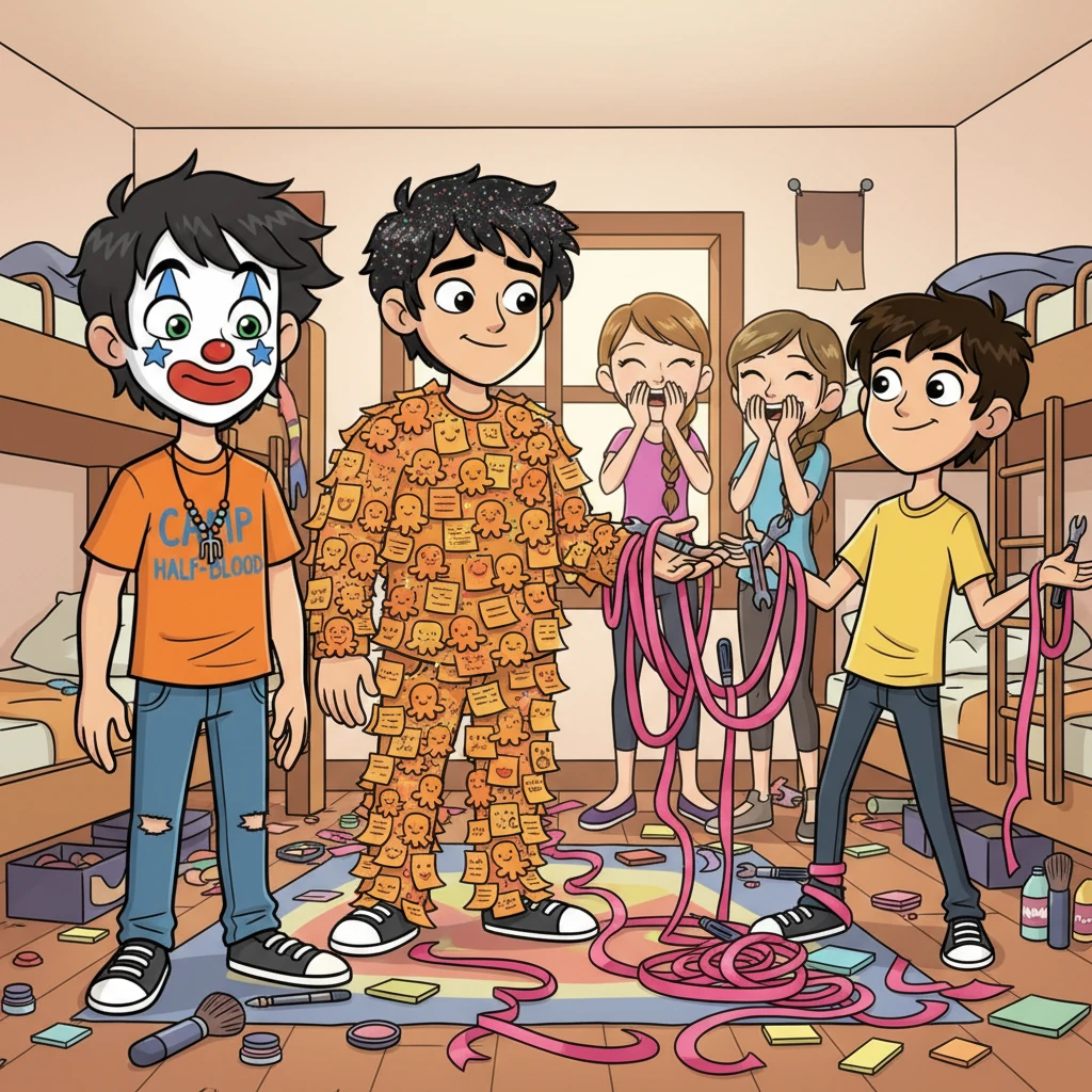 After the scare, the girls quickly complete their masterpiece of mischief. Percy now sports a full clown face, Jason has glitter in his hair, Frank is covered in sticky notes shaped like tiny octopuses, and Leo's tools are all tied together with bright pink ribbons. The cabin is a riot of color and silent laughter.
