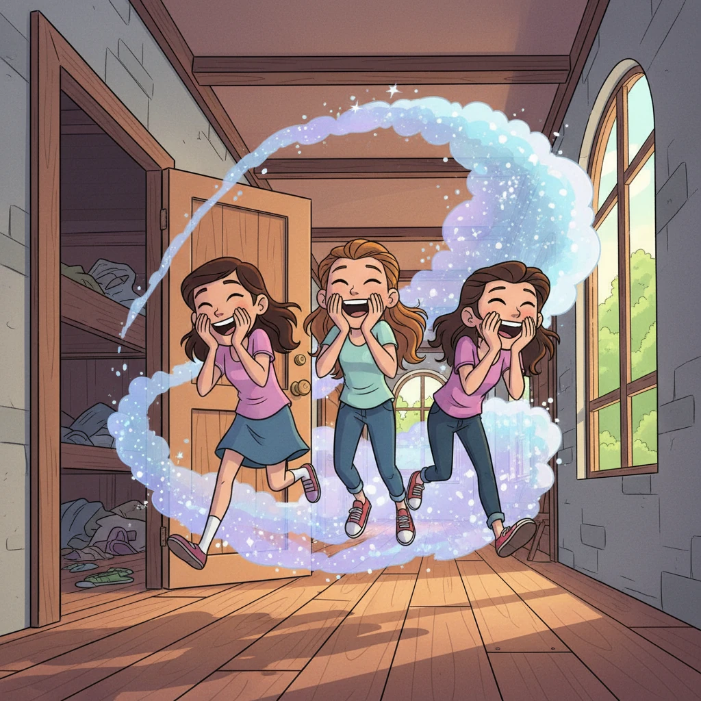 Mission accomplished! The girls scramble out of the cabin, muffling their laughter with their hands. They practically float down the hallway, light as feathers, their faces alight with triumph and suppressed giggles. A small, mischievous cloud of magic seems to follow them.