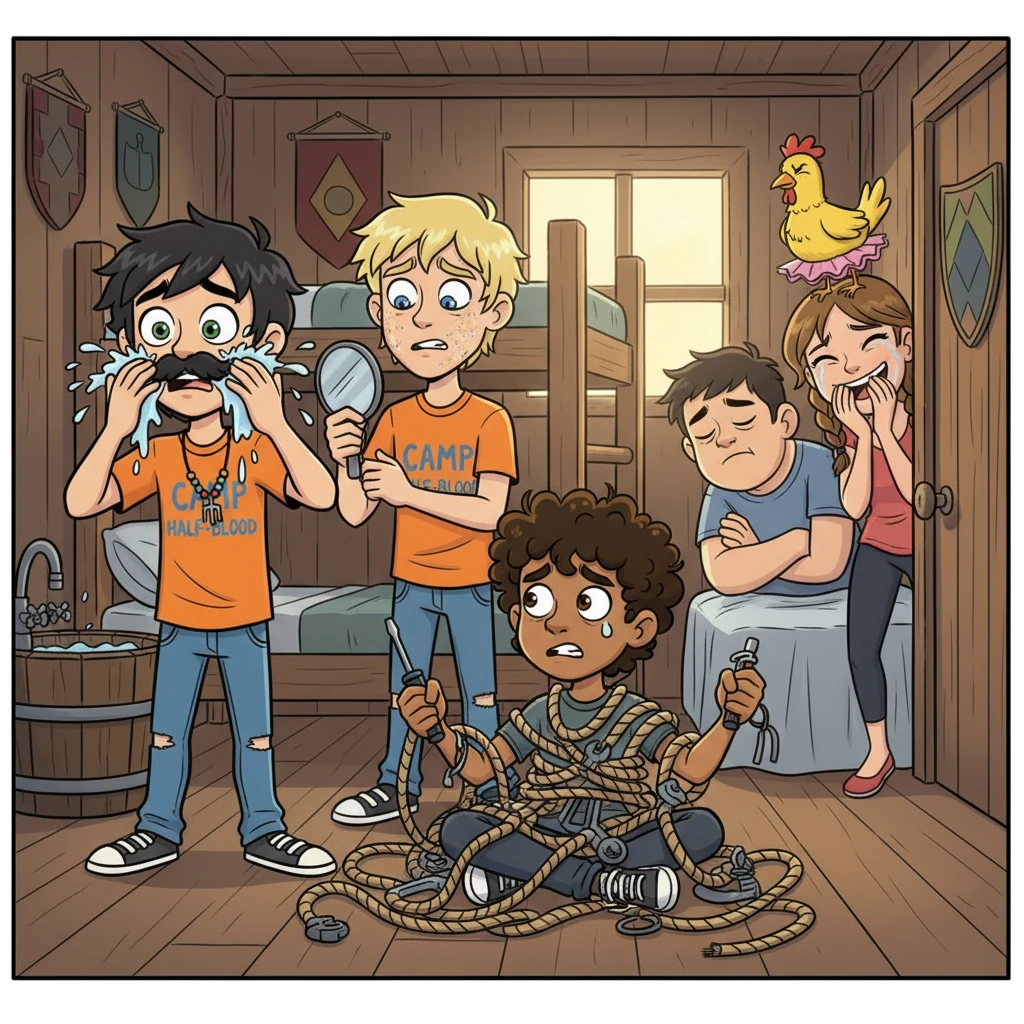 The next morning, the boys wake up to a hilarious surprise. Percy splashes water on his face, only to realize his mustache won't wash off, while Jason stares in confusion at his sparkly reflection. Leo untangles his tools with a bewildered expression, and Frank blinks at the rubber chicken, as the girls peek from around the corner, barely containing their explosive laughter.