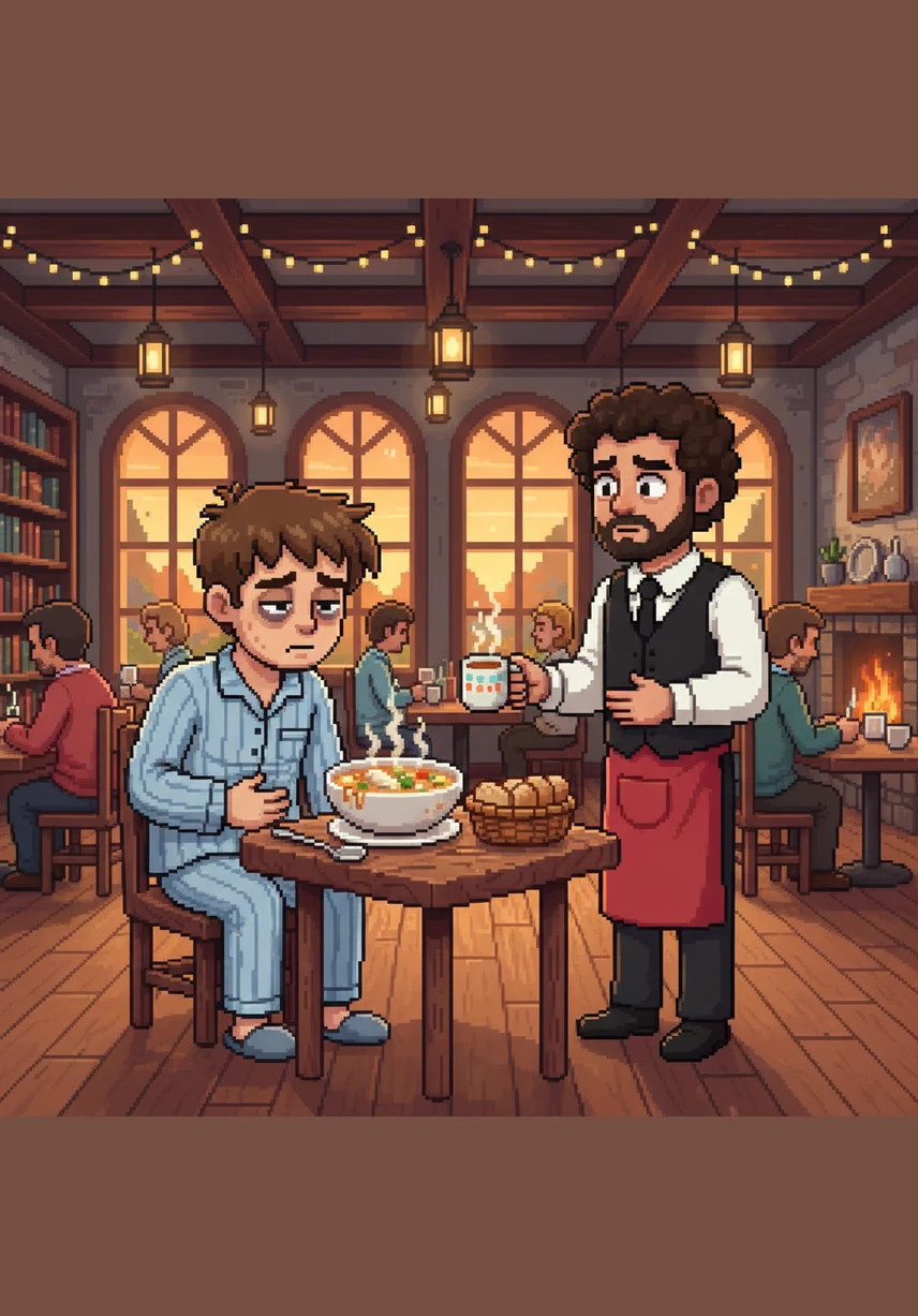 The waiter delivers a feast to their table, featuring a steaming bowl of pasta, a giant burger, and a mountain of golden fries. The presentation is perfect, and the aroma filling the air makes everyone eager to take their first bite.