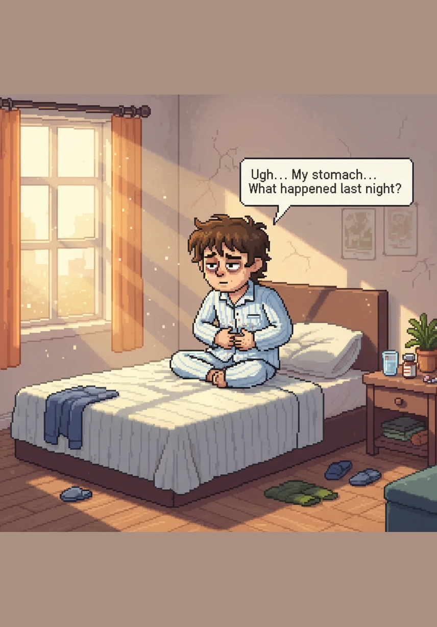 The next morning, the sun streams through the window, but Leo wakes up feeling terrible. He clutches his stomach in pain as a sharp headache and a rising fever make it impossible for him to get out of bed.