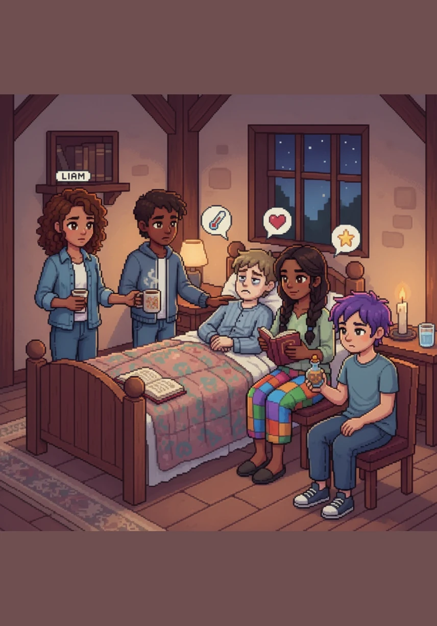 Leo reaches for his phone with a shaky hand to call his friends, wondering if they are feeling the same way. He is saddened to hear their weak voices as they confirm that they are all suffering from the same symptoms.