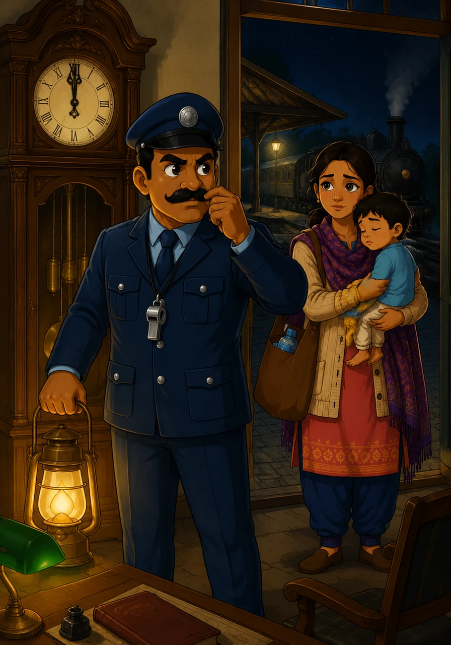 Ravi Swamy adjusted his crisp, dark blue railway uniform and smoothed his thick mustache as the grand grandfather clock in his office struck midnight. With a serious face hardened by years of discipline, he lifted his heavy brass lantern, its warm amber glow cutting through the shadows of the quiet station.