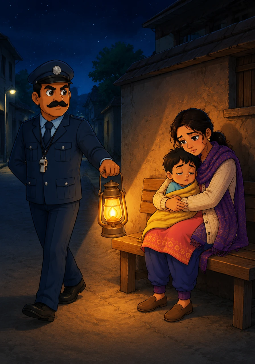A young mother and her sleepy child sat huddled on a wooden bench, shivering slightly in the midnight chill. Ravi walked past them with his usual stern expression, but he subtly angled his lantern to cast a comforting, warm light over their corner, shielding them from the biting darkness.
