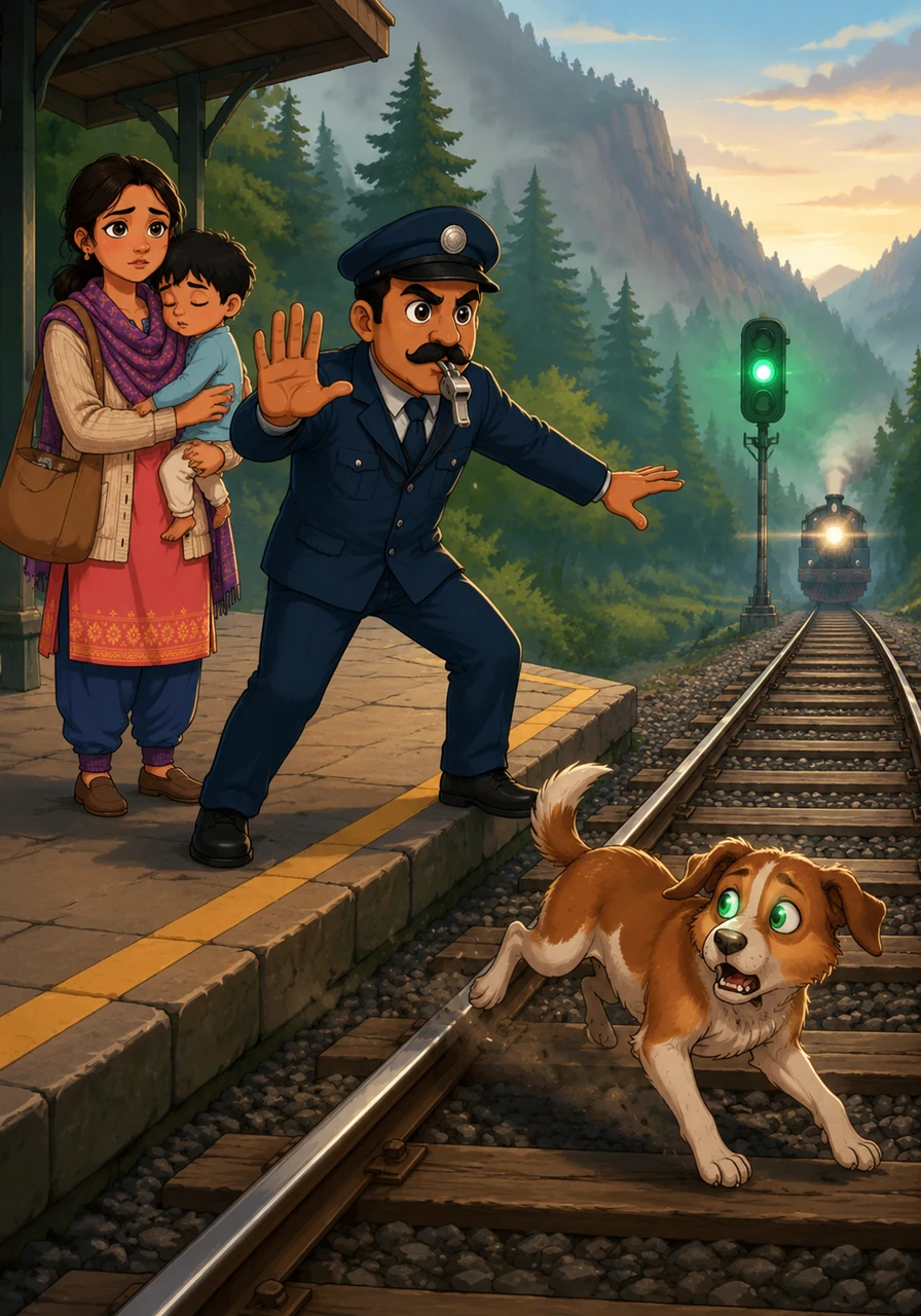 Suddenly, a stray dog darted onto the tracks, its eyes reflecting the green signal light in the distance. Ravi blew his sharp silver whistle, its piercing sound echoing through the valley, and waved his arms to scare the frightened animal back to the safety of the platform.