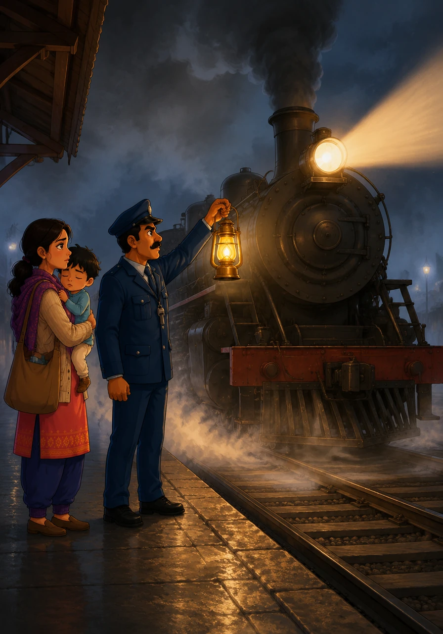 The ground began to vibrate, and a low rumble shook the station as the giant steam locomotive roared into view, its headlight piercing the mist like a powerful searchlight. Ravi stood tall and perfectly still at the edge of the platform, holding his lantern high to guide the iron giant safely into the station.