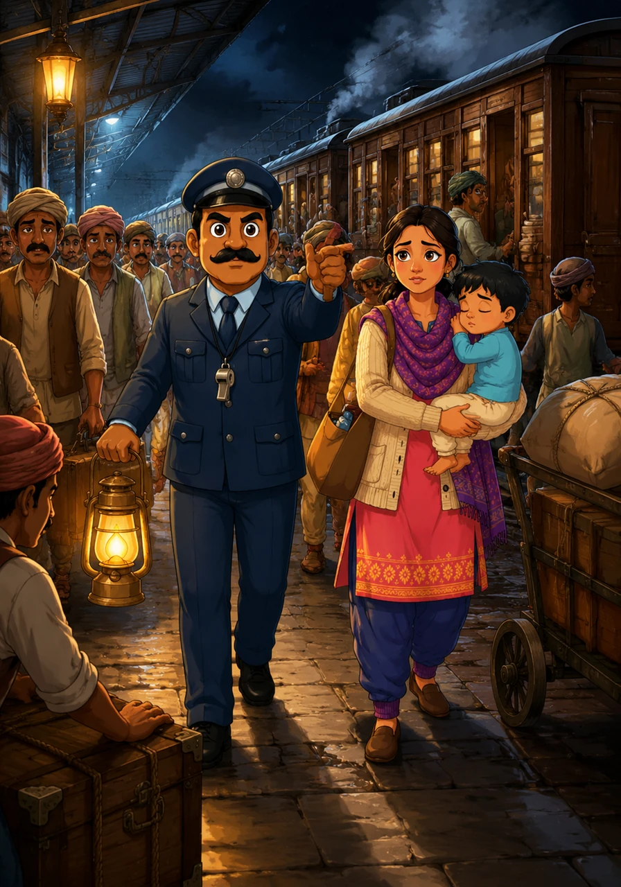 Passengers poured out of the wooden carriages into the dramatic, smoky light of the platform, creating a bustling oasis of life in the middle of the night. Ravi moved through the crowd with absolute authority, directing weary travelers and ensuring the heavy baggage carts moved safely down the tracks.
