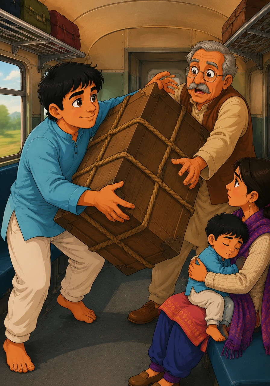 Near the back of the train, an elderly gentleman struggled with a massive, rope-bound trunk that was slipping from his hands. Forgetting his strict demeanor for a moment, Ravi rushed forward and caught the heavy box, his strong hands steadying the old man with a reassuring nod.