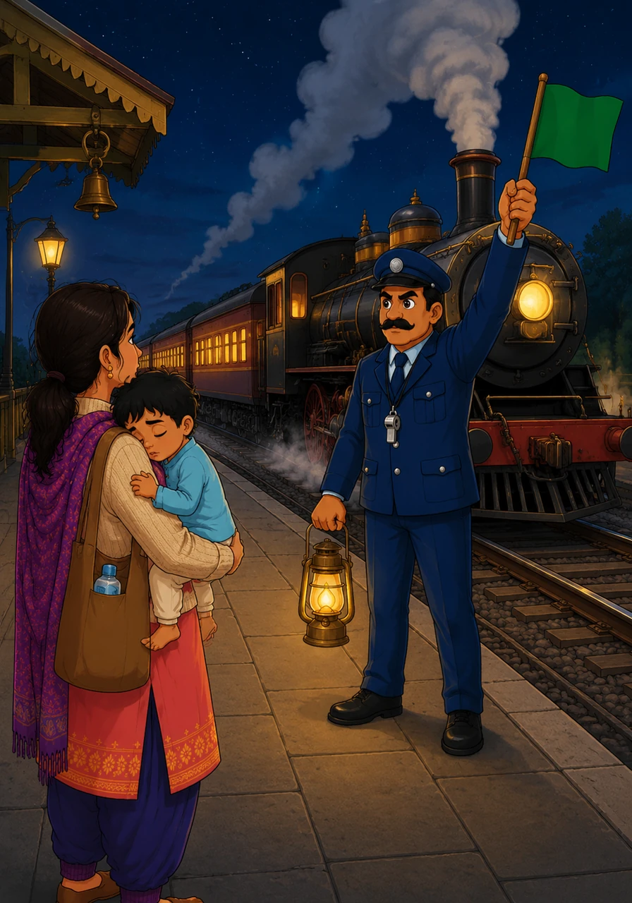 As the station bell rang out three times, signaling the train's imminent departure, Ravi marched back to his post and raised his green signal flag high above his head. The locomotive let out a mighty hiss of steam and slowly began to roll forward, pulling its long chain of glowing windows back into the dark night.