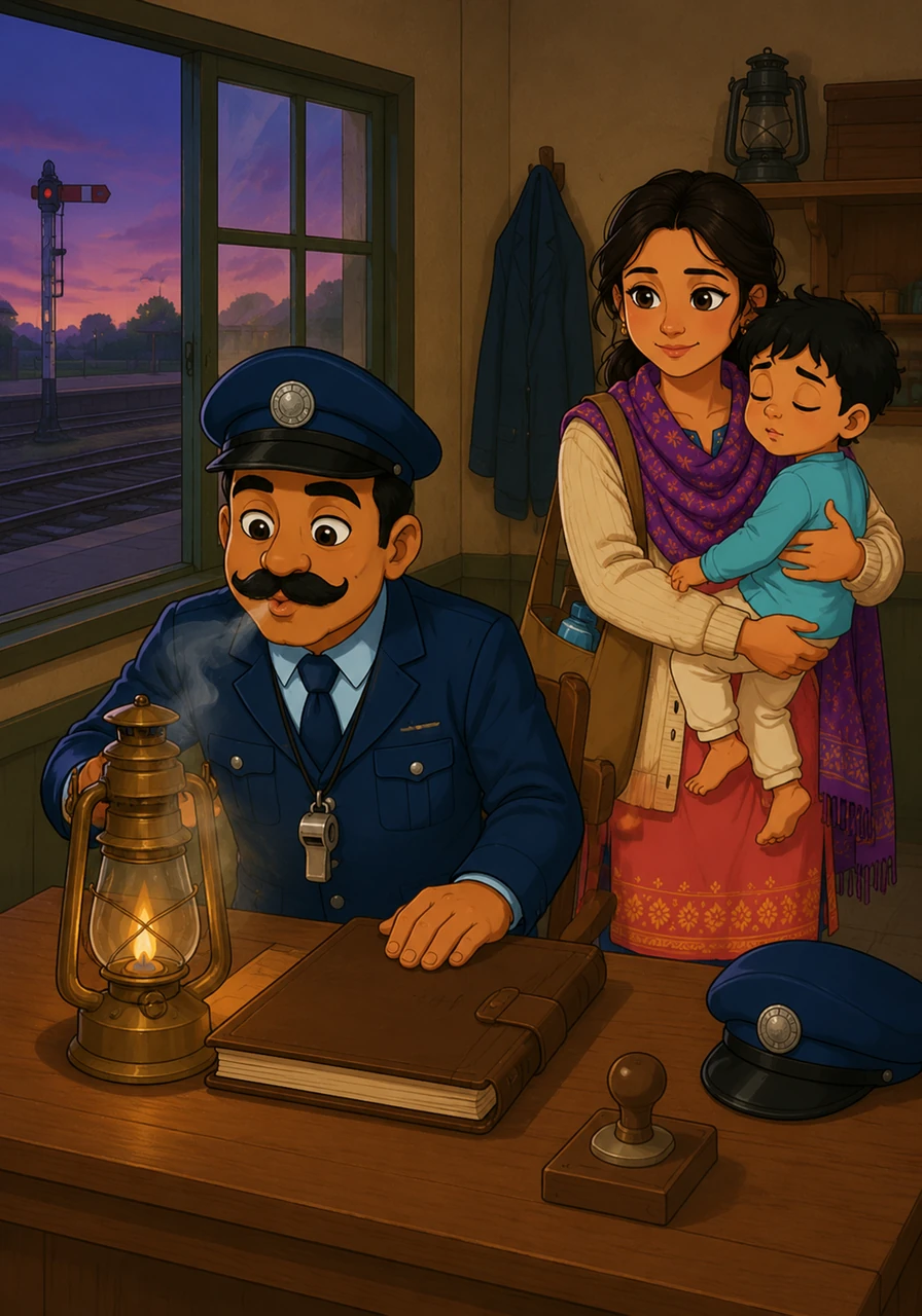 Sitting back at his wooden desk, Ravi finally let a gentle, proud smile soften his serious face as he blew out the lantern's flame. As the first light of dawn began to purple the horizon, the dedicated station master closed his logbook, knowing he had kept the world moving safely through the dark.