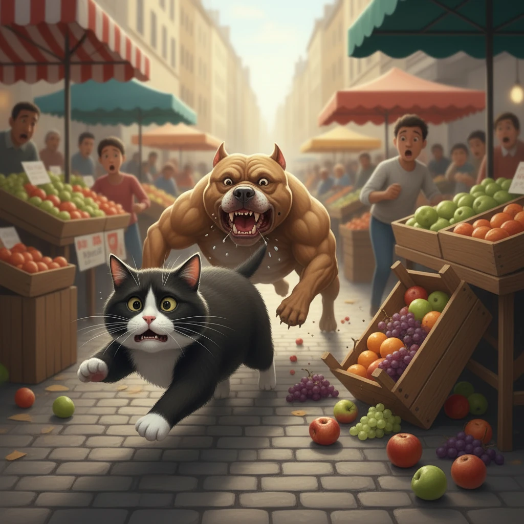 La caméra bouge frénétiquement alors que Monsieur Moustache court à travers une allée étroite du marché. Derrière lui, un pitbull musclé, les crocs apparents, le poursuit avec une détermination féroce. Des fruits tombent des étals bousculés par leur passage.