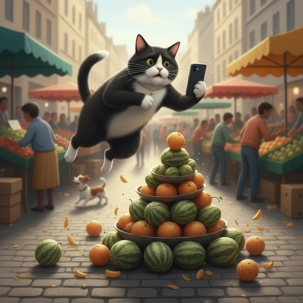 Monsieur Moustache saute agilement par-dessus une pile de melons, le téléphone toujours braqué sur lui. Son expression est un mélange de panique et d'une audace forcée. On entend des cris de vendeurs en français et le jappement incessant du chien.