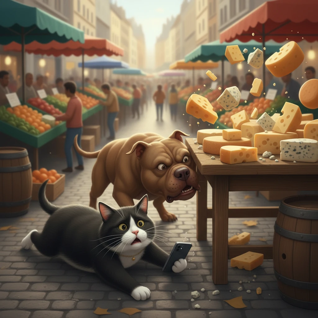 Le chat glisse sous une table de fromages, manquant de peu d'être attrapé par le pitbull qui heurte la table avec un bruit sourd. Le téléphone capte le mouvement rapide et le souffle coupé de Monsieur Moustache.