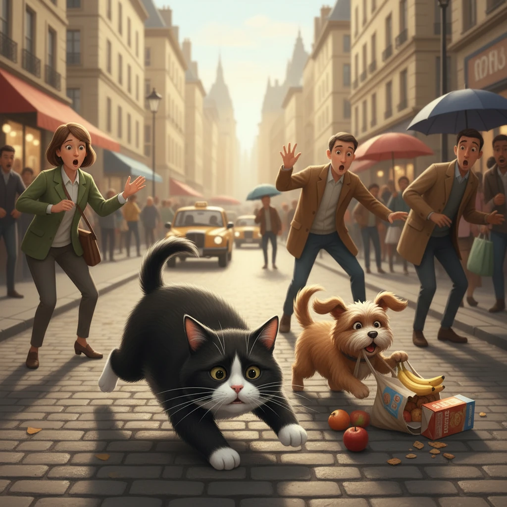 Il se faufile entre les jambes des passants choqués, qui s'écartent avec des exclamations. Le chien, moins agile, crée un petit chaos, faisant tomber quelques sacs de courses. Le son des klaxons de voiture se mêle au brouhaha ambiant.