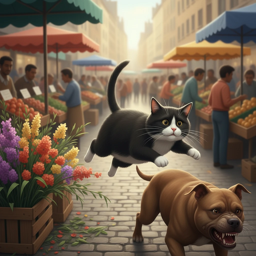 Monsieur Moustache grimpe sur un étal de fleurs, le téléphone montrant sa patte agrippée aux tiges. Il jette un regard en arrière, ses moustaches frémissantes, avant de sauter de l'autre côté, hors de portée du pitbull qui grogne en bas.