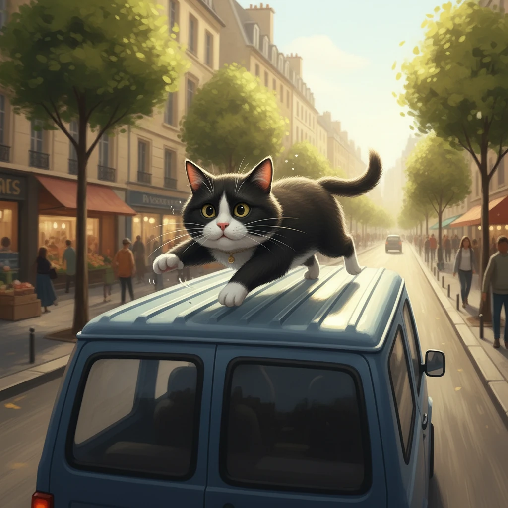 Alors qu'il court sur le toit d'une camionnette de livraison, le chat se tourne vers la caméra, son visage exprimant une bravade comique malgré l'épuisement. "Ouai putain vazy y a Mister Pitbul qui est en train de me calter, ça me zéhef sa mère… j’vais lui mettre la misère tu vas voir !" dit-il, la voix un peu essoufflée.