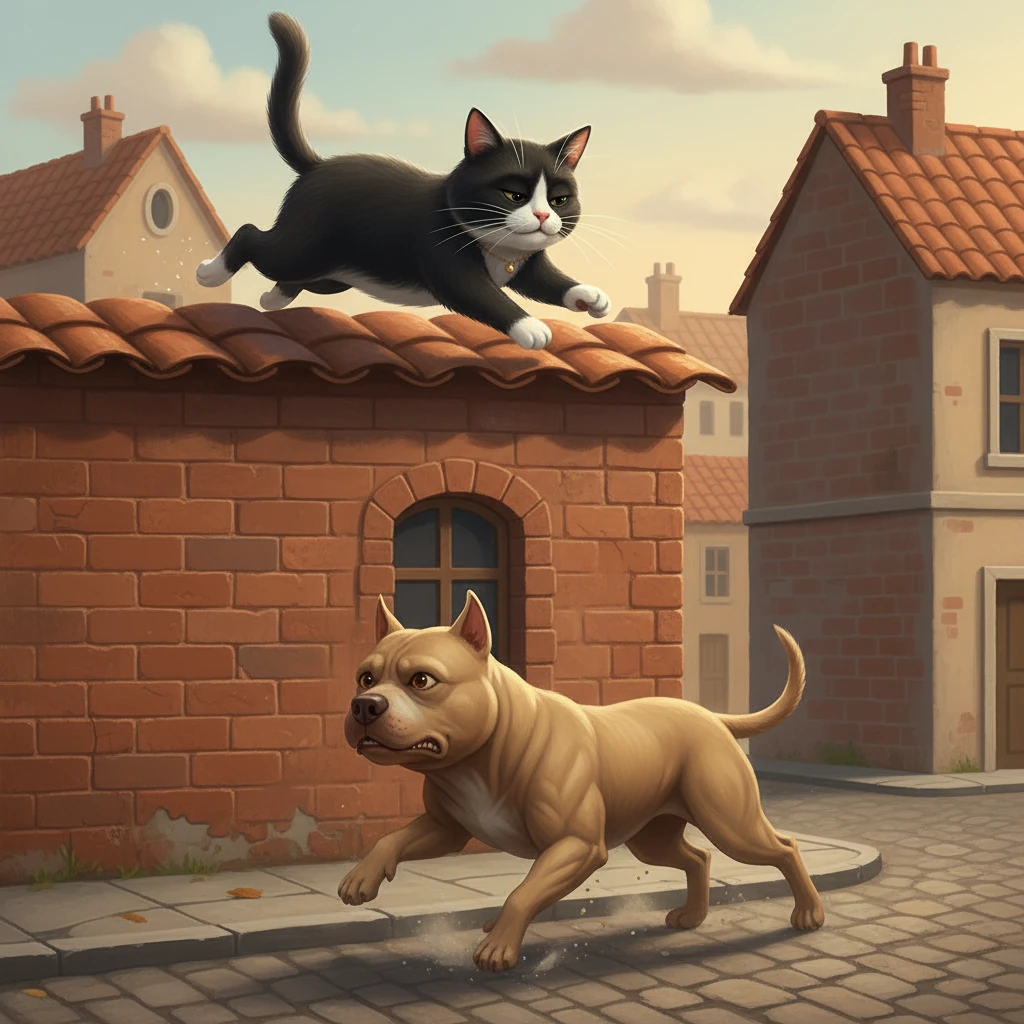 Le pitbull, frustré, tente de sauter pour l'atteindre, mais échoue, tombant lourdement sur le trottoir. Monsieur Moustache le regarde d'en haut, un sourire narquois sur son visage félin, puis continue sa course.