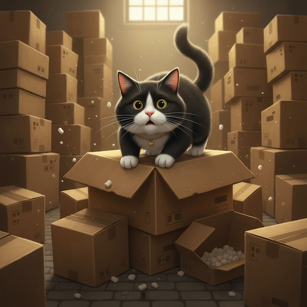 Le chat atterrit sur un tas de cartons vides, créant un bruit assourdissant. La caméra tremble violemment, capturant le moment où il reprend son souffle, les yeux toujours fixés sur l'objectif, son collier doré scintillant.