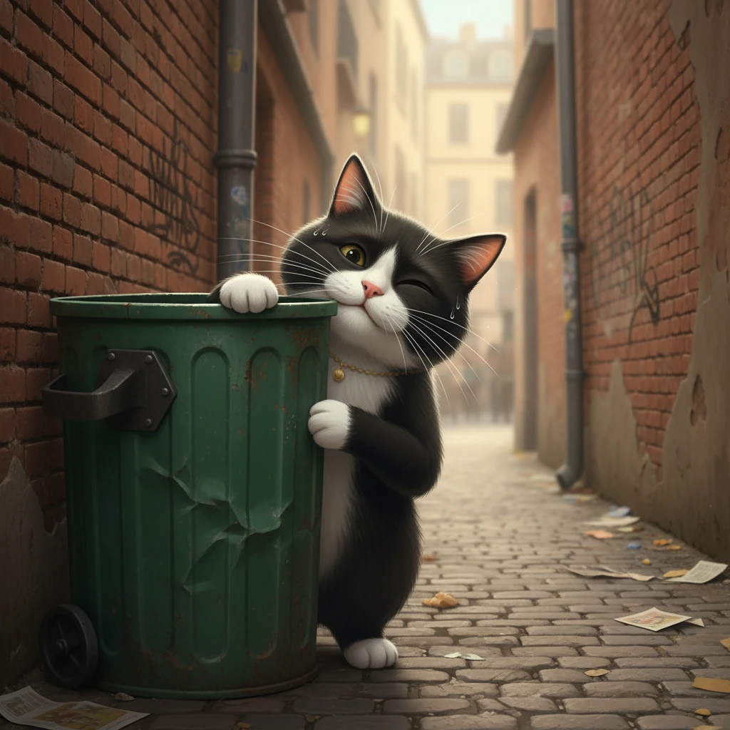 Monsieur Moustache ralentit enfin, se cachant derrière une poubelle. Il se retourne vers la caméra, l'air toujours aussi arrogant, malgré la sueur. Le pitbull est loin derrière, et le chat conclut son message avec un clin d'œil, fier de sa survie.