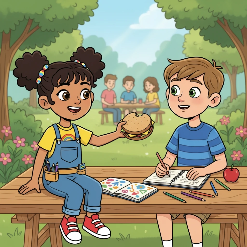 During lunch, Maya sat beside David. She offered him half of her sandwich and a friendly smile. David looked up, surprised, then a small smile bloomed on his face. They began to talk, discovering a shared love of art and a mutual appreciation for quiet moments.