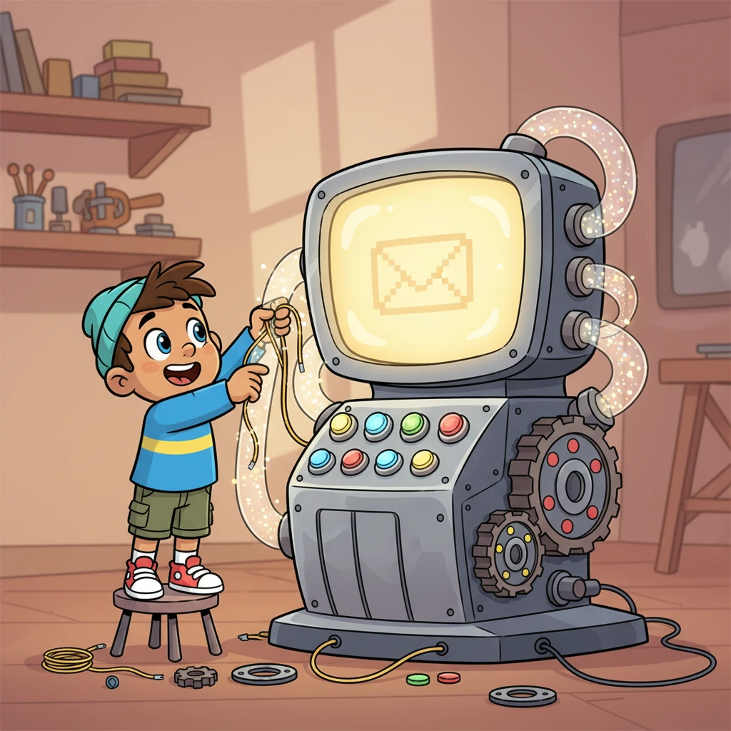 With a spark of genius, Pip eagerly gathered sparkly wires, glowing buttons, and whirring gears. Soon, a magnificent, whimsical machine began to take shape – the 'Pixel Post Portal'! It had a big, friendly screen and lots of blinking lights, ready for action.