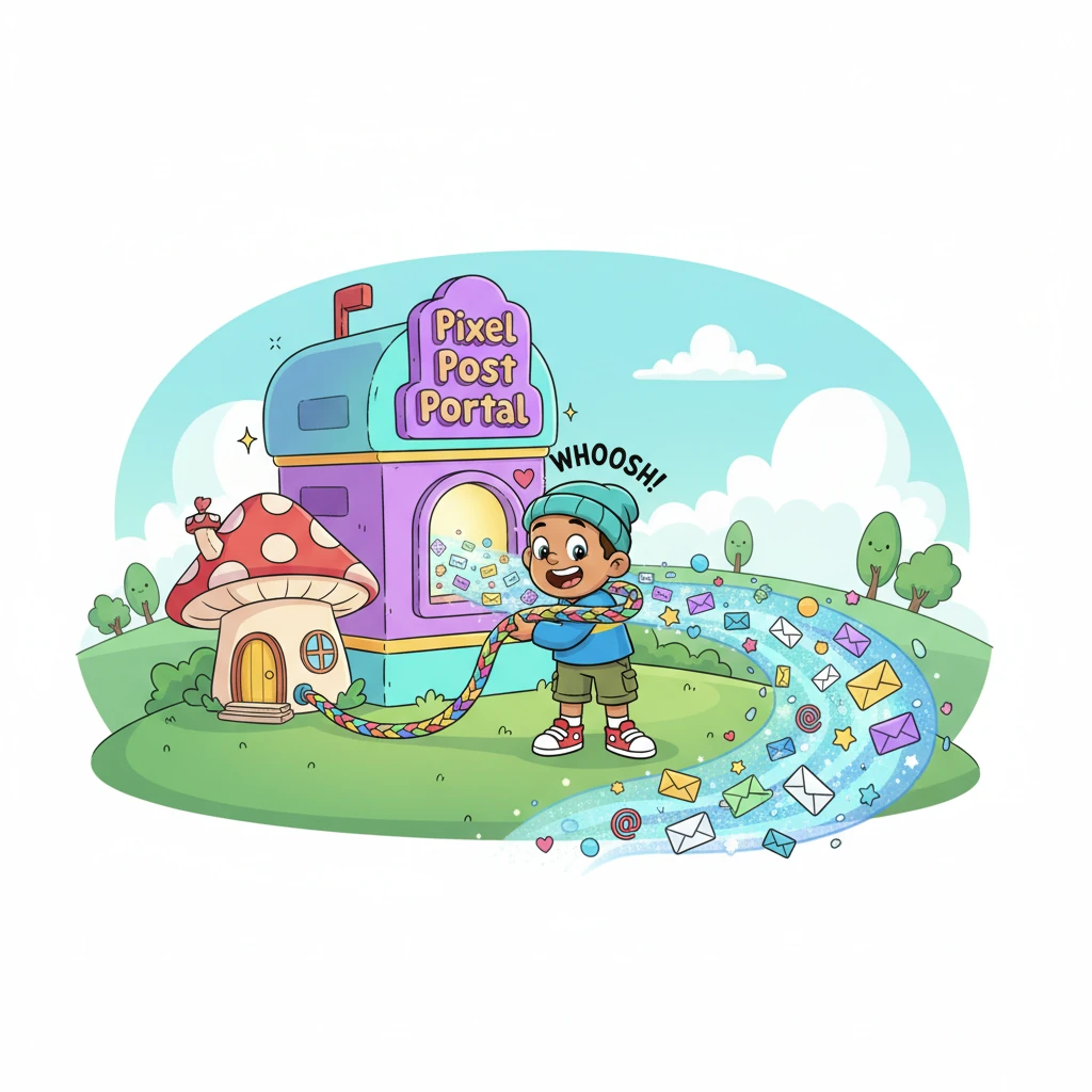 Pip carefully plugged a rainbow-colored cord from their cozy little home directly into the Pixel Post Portal. With a cheerful 'WHOOSH!' sound, a vibrant stream of shimmering messages began to flow. The portal hummed with excitement as the digital river started.