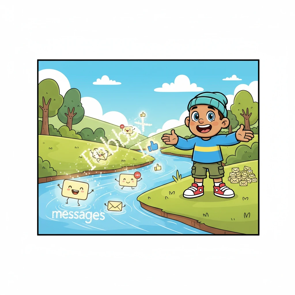 The messages flowed gracefully into a bright, sparkling river labeled 'Inbox Isle.' Here, friendly, important messages bounced and giggled, sorting themselves into neat little piles. Pip watched, delighted, as the good news found its perfect spot.