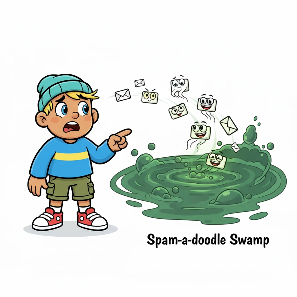 Oh no! Some sneaky, googly-eyed messages with mischievous grins floated towards a murky, bubbly area called 'Spam-a-doodle Swamp.' They looked like they were trying to trick Pip, wiggling their way past the good messages.