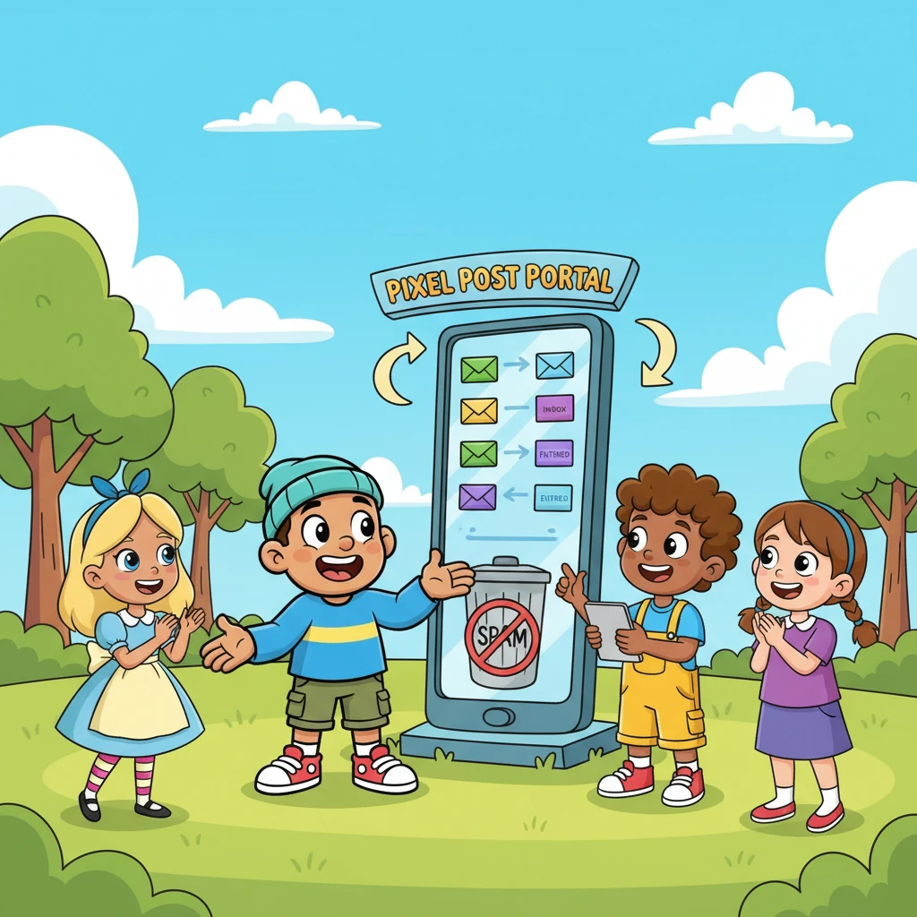 Pip, beaming with pride, invited all their friends over to show off the amazing Pixel Post Portal. Everyone marveled at the organized messages and the clever filtering system. Pip felt like the best digital detective in the entire land, sharing the joy of order.