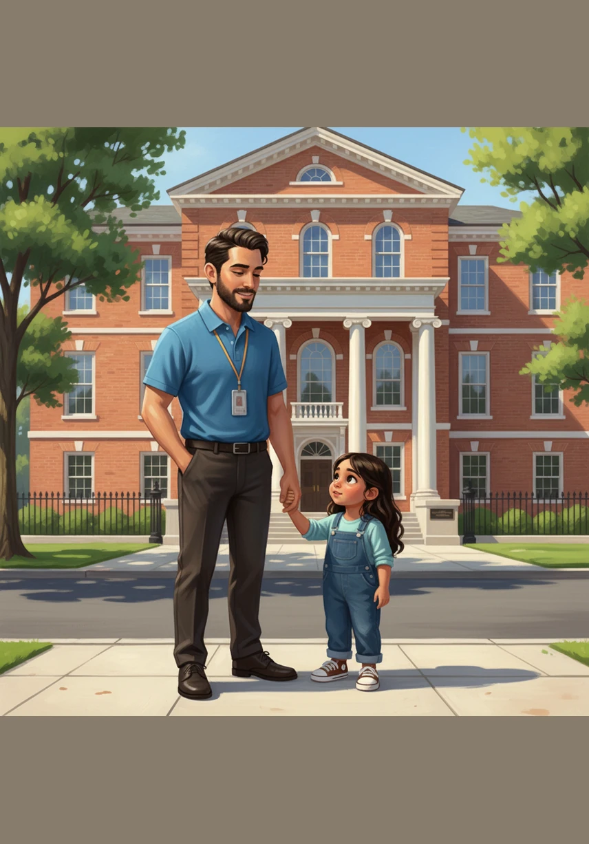 Mateo stands outside a large brick government building in Virginia, looking at a stack of complicated forms with a worried expression. The bustling traffic behind him represents a world he wants to join but feels separated from by a language barrier.