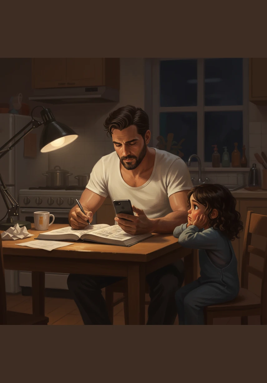 At his kitchen table, Mateo tries to translate a thick English driving manual late into the night. His young daughter watches him, her eyes reflecting the hope that her father will soon be able to drive her to school.