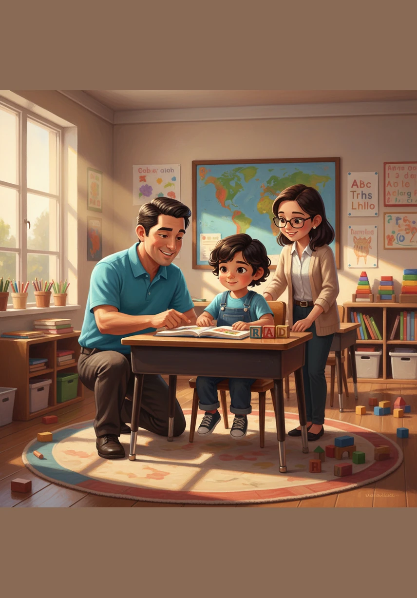 In a bright and modern classroom, Mateo sits with other students as the instructor explains right-of-way rules using a miniature model of a street. Mateo takes careful notes, his face lighting up as he finally understands the concepts that used to confuse him.