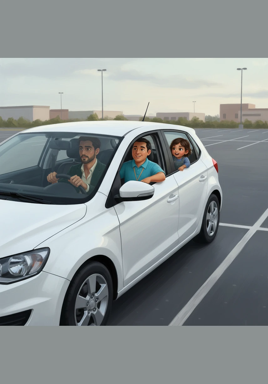 The day for the first practical lesson arrives, and Mateo sits in the driver's seat of a white car clearly marked with the school's logo. His instructor sits beside him in the passenger seat, offering a calm and encouraging thumbs-up before they start the engine.