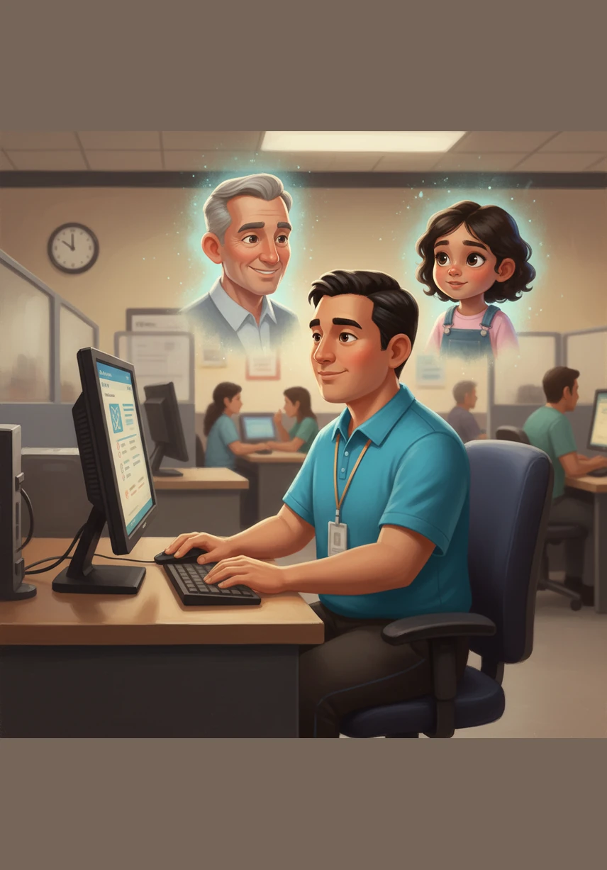 Mateo sits at a computer terminal inside the DMV office, focused and calm as he answers the exam questions. He remembers the lessons and the encouragement from his instructors, feeling a sense of readiness he never thought possible.