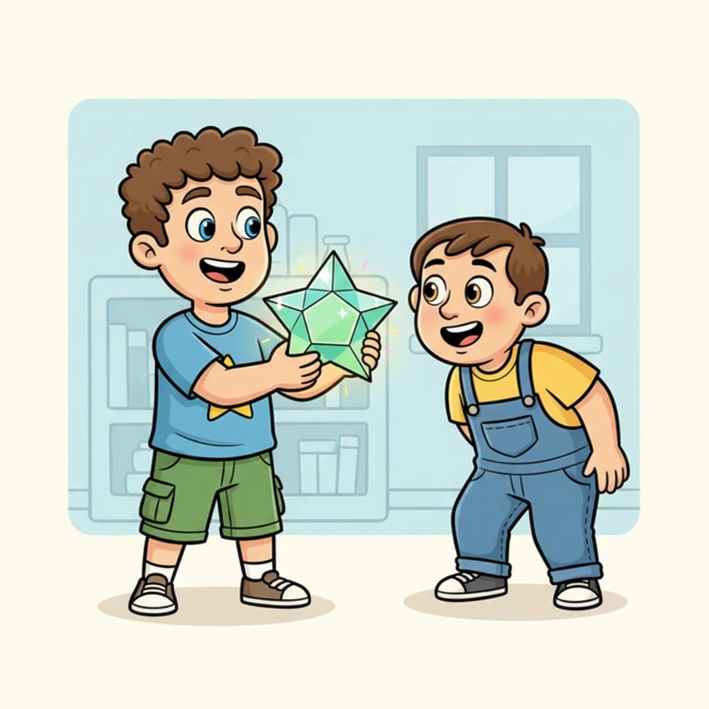 Stephen, a boy with bright, curious eyes, excitedly holds up a shimmering, star-shaped crystal. Its facets catch the light, casting playful rainbows across the room. His friend, Robert, with an equally cheerful smile, leans in close, his eyes wide with wonder, eager to see the mysterious object.