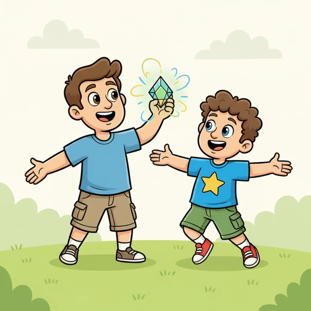 "This is the Lifestar Crystal!" Stephen exclaims, his voice buzzing with excitement. "It turns us into super silly skeleton friends!" Robert giggles, already imagining the fun, his playful spirit ready for any adventure.