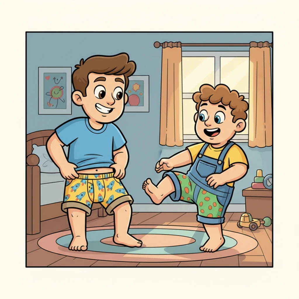 With a shared look of mischievous delight, the boys decide it's time to get ready for their magical transformation. They playfully shed their outer clothes, revealing their bright, colorful boxer shorts, ready for a lighthearted adventure. Their movements are full of anticipation and silliness.